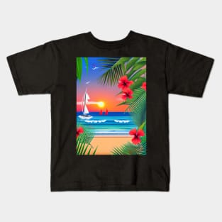 Tropical Sunset Beach Scene Kids T-Shirt